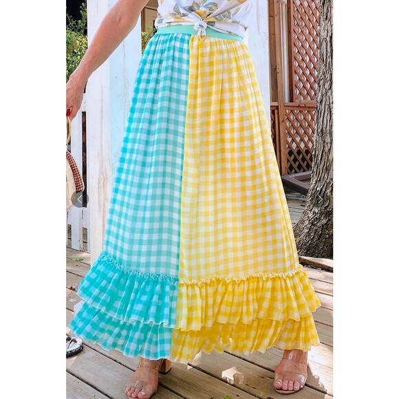 Eva Franco Lynsey Gingham Maxi Skirt Yellow Motif Size XS‎